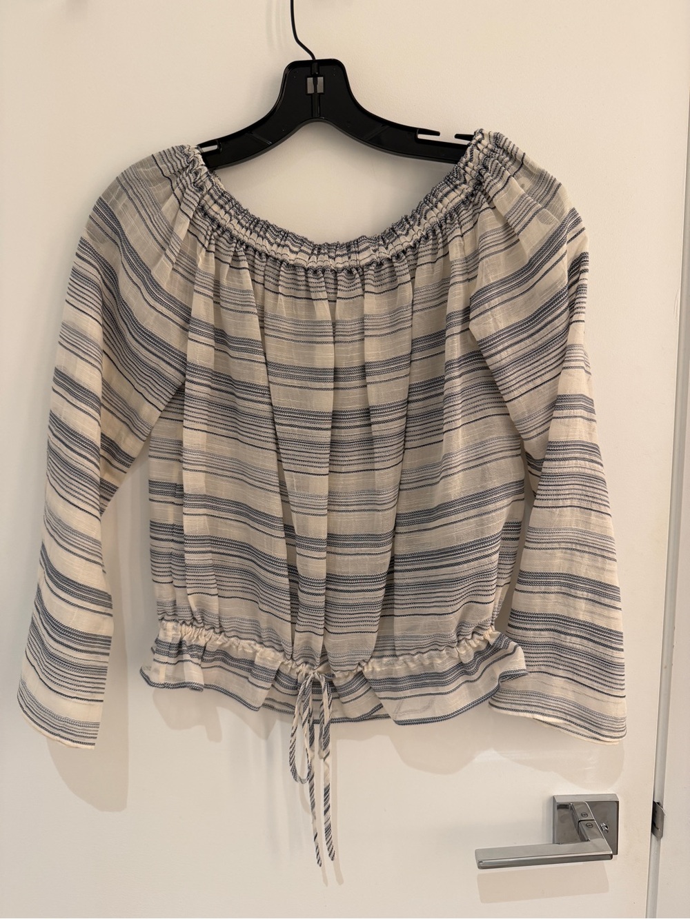 Theory Striped Off-Shoulder Drawstring Top - Blue & Cream
